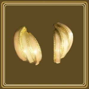 Peach and Ivory Cloisonne Enamel on Gold Earrings